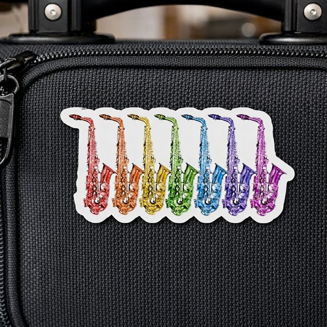 Sticker Saxophone Arc-en-Ciel Alignement Coloré (A sticker with saxophones in red, orange, yellow, green, blue, purple & pink.)