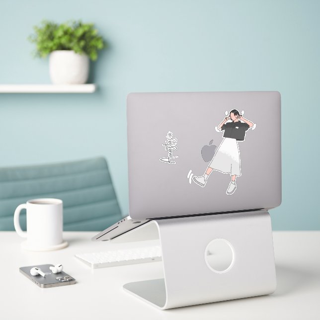 Sticker "Say Cheese" Aesthétique fille personnalisable (Ordinateur portable sur le bureau)