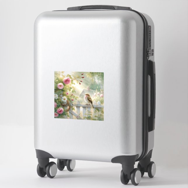 Sticker Scène aquarelle de rose de jardin et d'oiseau (Sur valise)
