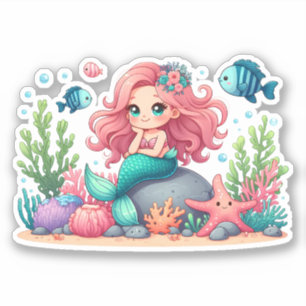 Sticker Scène de sirène fantaisiste et d'amis poissons mig