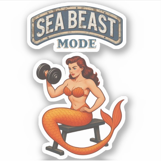 Sticker Sea Beast Mode Mermaid - Retro Pin-Up Gym Fitness (Devant)
