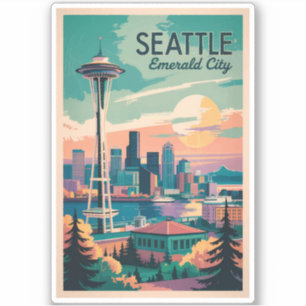 Sticker Seattle Washington Skyline Travel Art Vintage