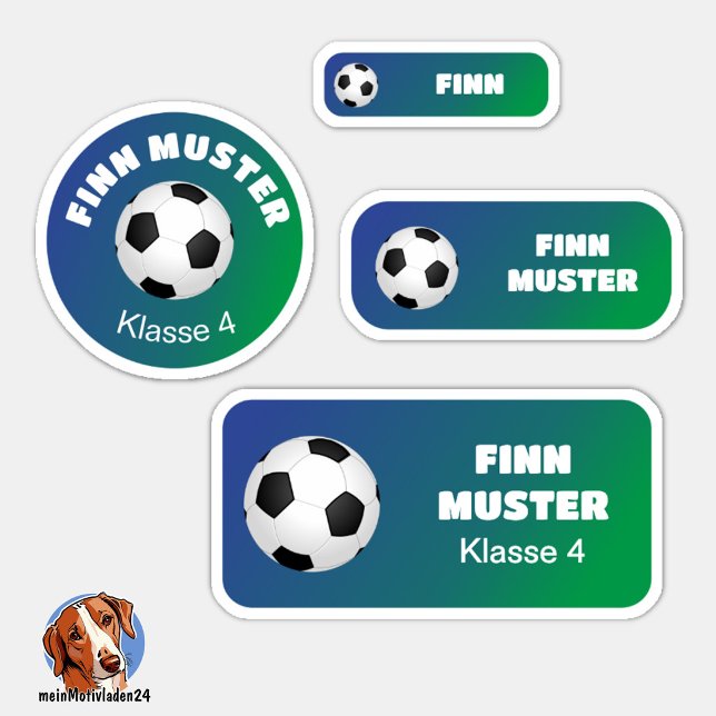 Sticker Set - 24 Namensaufkleber Fußball Farbverlauf |   (24 verschiedene Namensaufkleber für Kinder - Motiv: Fußball - Farbverlauf Blau - Grün)