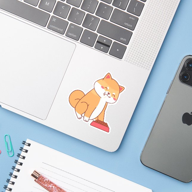 Sticker shiba inu mangeur dessin animé (Ordinateur portable avec iPhone)
