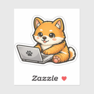 Sticker Shiba Inu mignon avec ordinateur portable – Illust