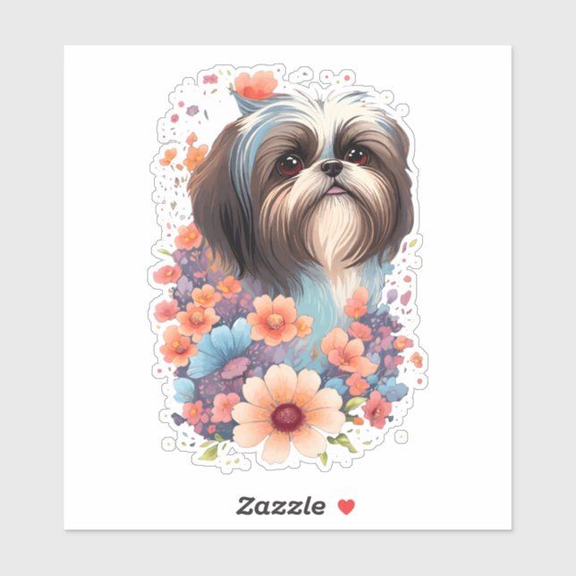 Sticker Shih Tzu Aquarelle Cute Floral Chien Amoureux des  (Feuille)