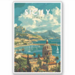 Sticker Sicile Italie Travel Art Vintage<br><div class="desc">Conception de déplacement vectoriel rétro en Sicile. La Sicile,  la plus grande île méditerranéenne,  se trouve juste à côté du "pied" de la "botte" italienne. Sa riche histoire se reflète dans des sites comme la Vallée des Temples.</div>