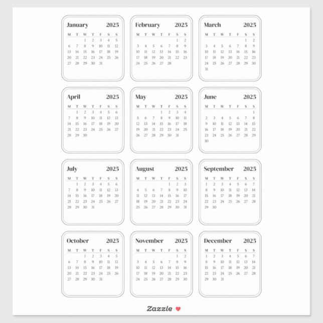 Sticker Simple Minimaliste 2025 Calendrier mensuel (Feuille)