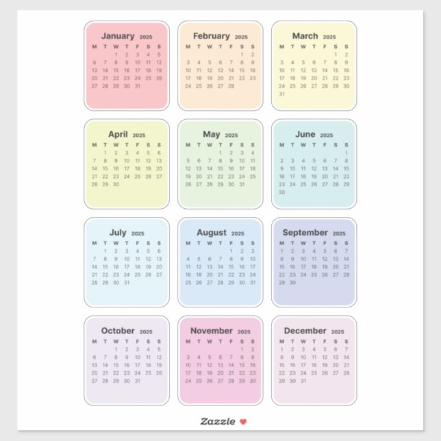 Sticker Simple Minimaliste 2025 Calendrier mensuel (Feuille)