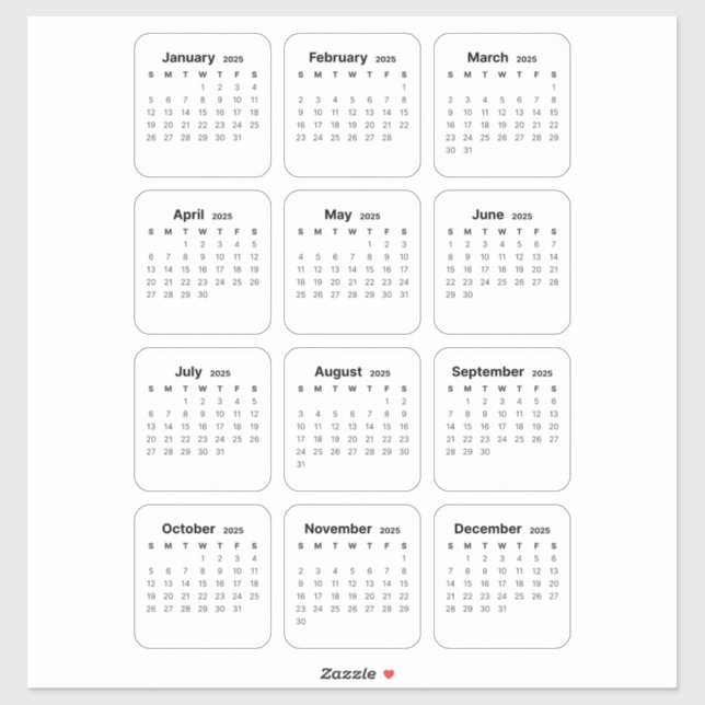 Sticker Simple Minimaliste 2025 Calendrier mensuel (Feuille)