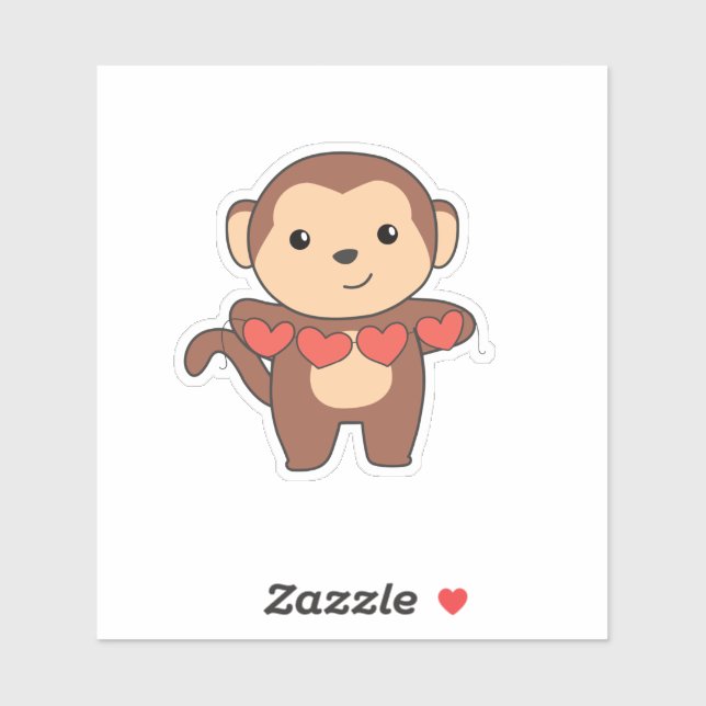 Sticker Singe Cute Animaux Avec Coeurs Animaux Favoris (Feuille)