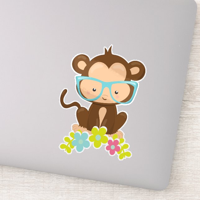 Sticker Singe Hipster, Singe Avec Lunettes, Fleurs (Détail)