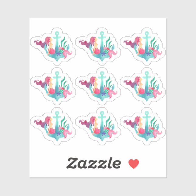 Sticker Sirène sur Ancre Nautique Aquarelle Beach Girl (Feuille)