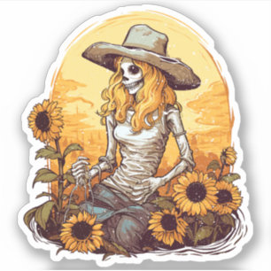 Sticker Skeleton et tournesols Western Cowgirl en état de