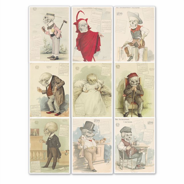Sticker Skeleton Skulls Calendrier des années 1800 vintage (Devant)