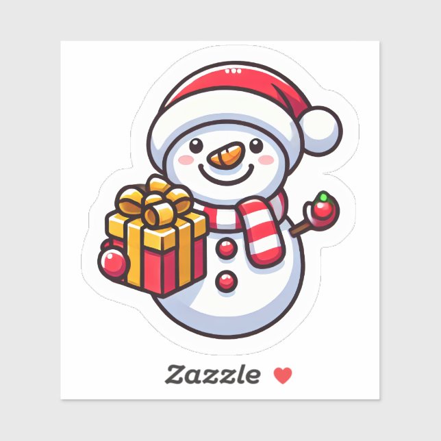 Sticker Snowman joyeux avec un cadeau coloré (Feuille)