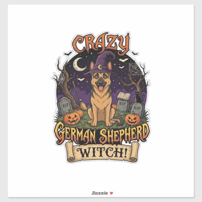 Sticker Sorcière allemande folle de la chienne de Hallowee (Feuille)