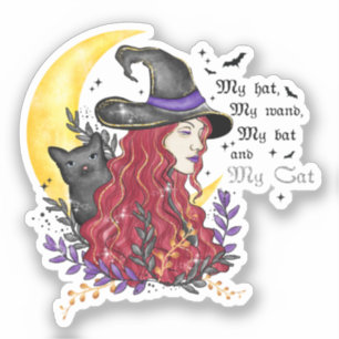 Sticker Sorcière avec chat noir et lune de croissant