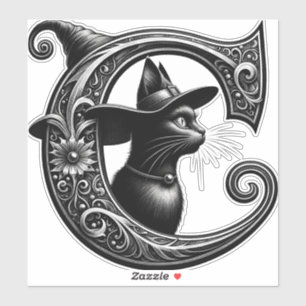 Sticker Sorcière Chat Noir Lettre C Initiale Personnalisée
