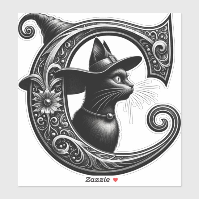 Sticker Sorcière Chat Noir Lettre C Initiale Personnalisée (Feuille)