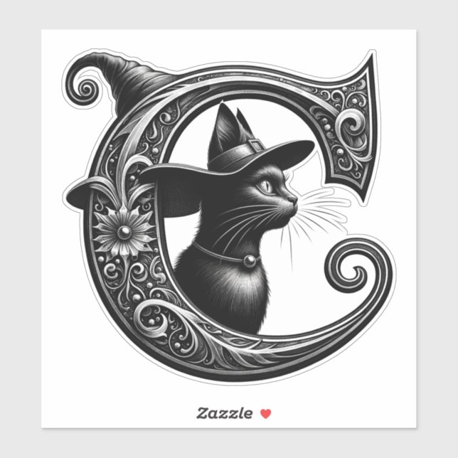 Sticker Sorcière Chat Noir Lettre C Initiale Personnalisée (Feuille)