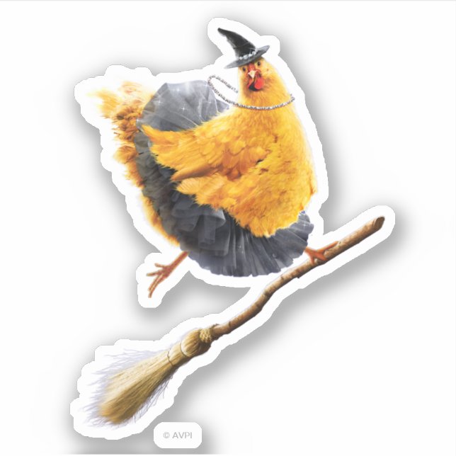 Sticker Sorcière de poulet sur Broomstick (Devant)