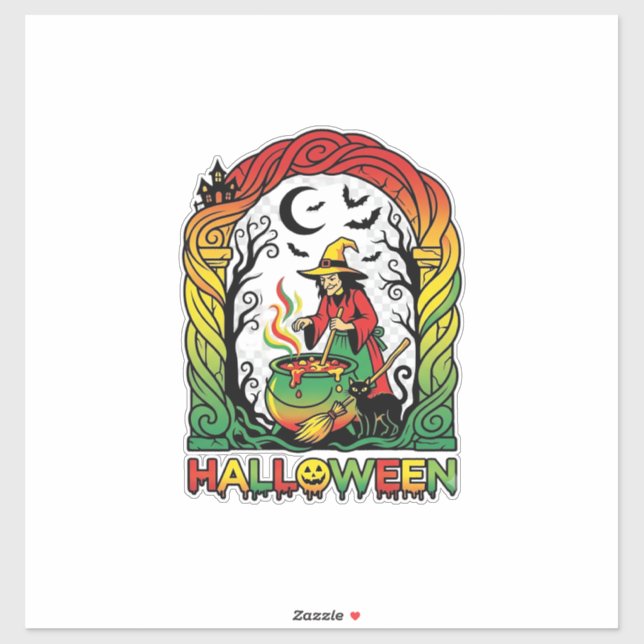 Sticker Sorcière d'Halloween Chaudron Brasserie Chat Noir  (Feuille)