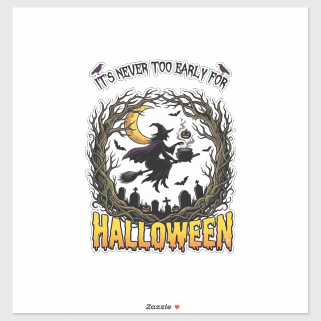 Sticker Sorcière d'Halloween Chaudron Lune Cimetière Arbre (Feuille)