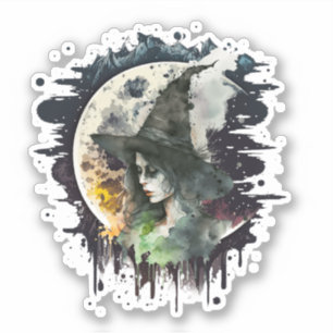 Sticker Sorcière d'Halloween et Pleine lune