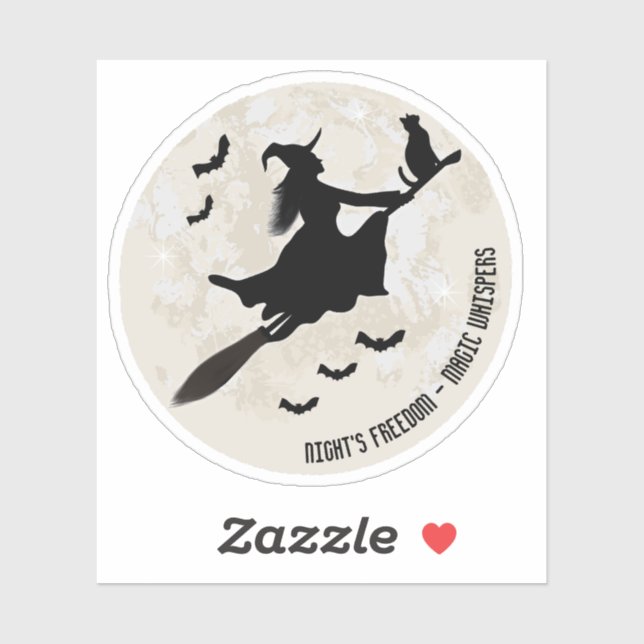 Sticker sorcière et chat volant sur un balai (Feuille)