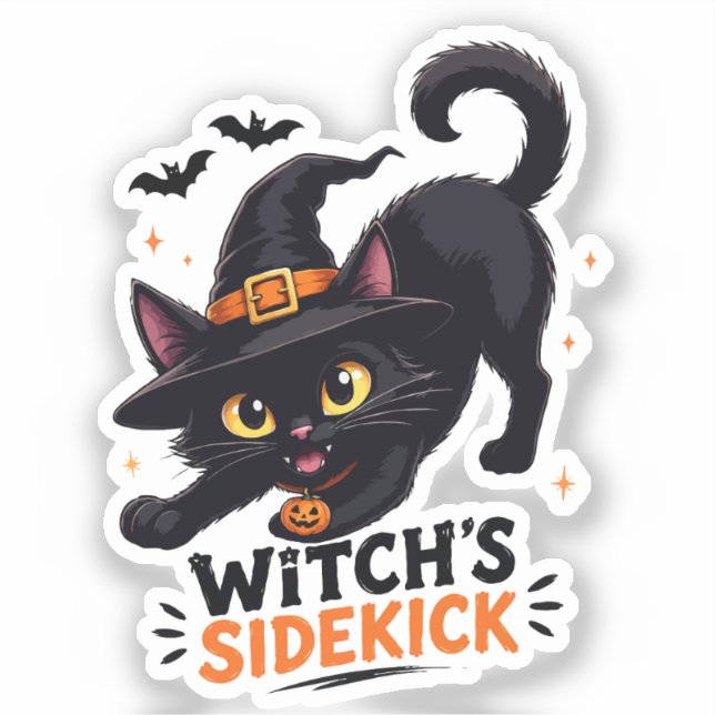 Sticker Sorcière Mignonne et son Chat Noir Compagnon Hallo (Recto)