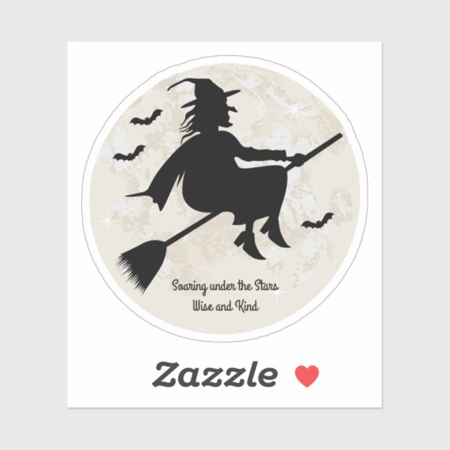 Sticker sorcière s'envole sous les étoiles (Feuille)