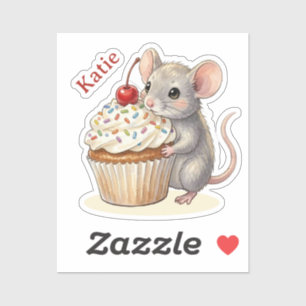 Sticker Souris d'anniversaire avec Cupcake Personnalisé