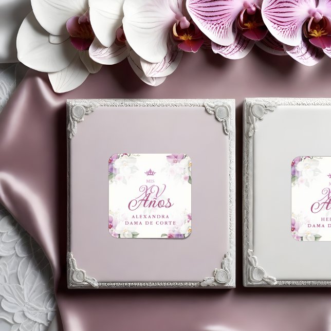 Sticker Spanish Romantic Exquisite Floral Orchids Bouquets (Spanish Romantic Exquisite Floral Orchids Bouquets Mis XV Años Square Sticker: A Touch of Elegance.)