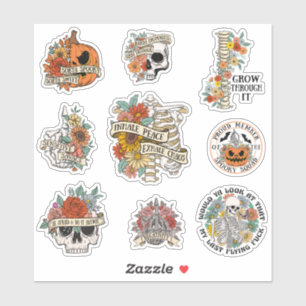 Sticker Squelette Citrouille d'Halloween floral