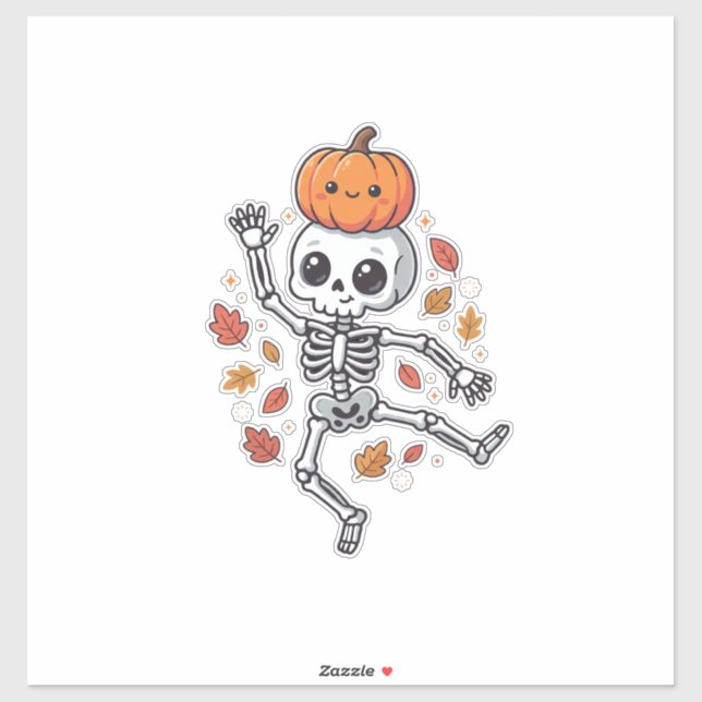 Sticker Squelette dansant Halloween mignon avec tête de ci (Feuille)