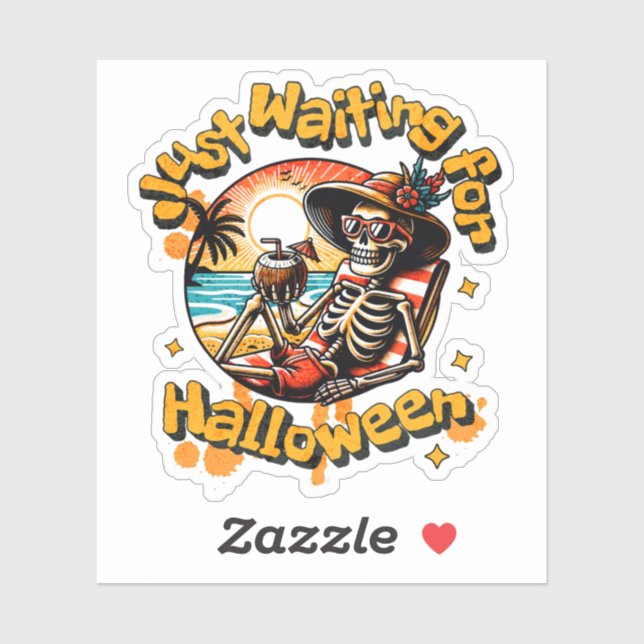 Sticker Squelette drôle attendant Halloween sur la plage (Feuille)