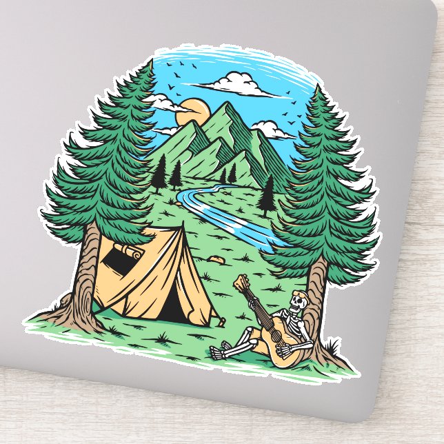 Sticker Squelette Drôle de Camping Jouant de la Guitare (Détail)