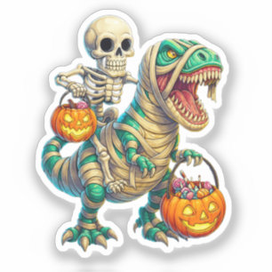 Sticker Squelette Fantaisiste à Cheval sur un T-Rex Momie 