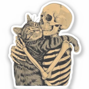 Sticker Squelette qui étreint un chat – Cadeau mignon pour
