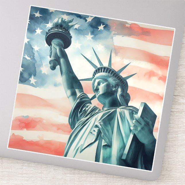 Sticker Statue de la Liberté à l'aquarelle avec drapeau am (Watercolor Statue of Liberty with American flag. Sticker)