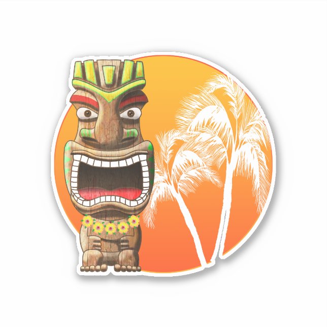 Sticker Statue Tiki mignonne coucher de soleil plage (Devant)
