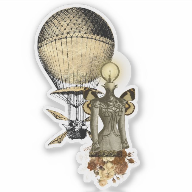 Sticker Steampunk Femme Buste et la machine volante (Devant)