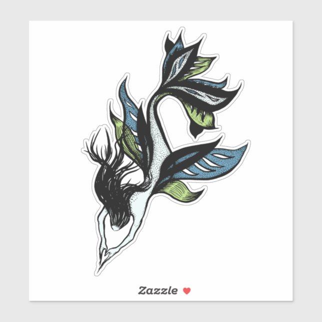 Sticker Style de tatouage de sirène - Dessin d'encre d'Ima (Feuille)