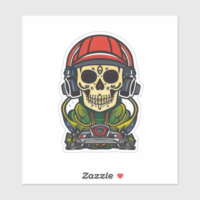 Sticker Sugar Skull Art avec casque et Tourne-disque DJ (Feuille)