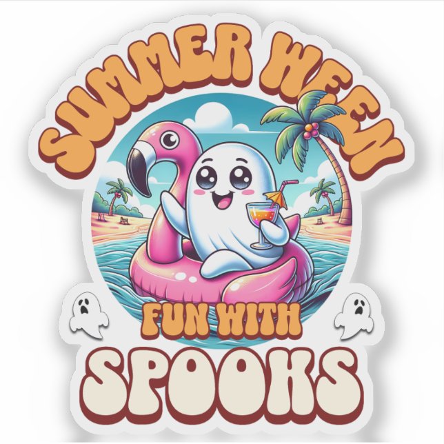 Sticker Summerween Cute Ghost Flamingo Float Beach Cartoon (Devant)