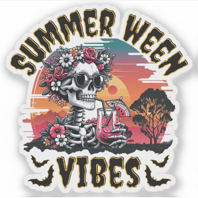 Sticker Summerween Sunset Floral Skeleton Tropical Juice (Devant)