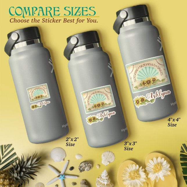 Sticker Sunflower Seashell Vintage Vibes Personalized Name (Sunflower Seashell Smiles–Vintage Vibes Personalized Name Sticker Sheet)