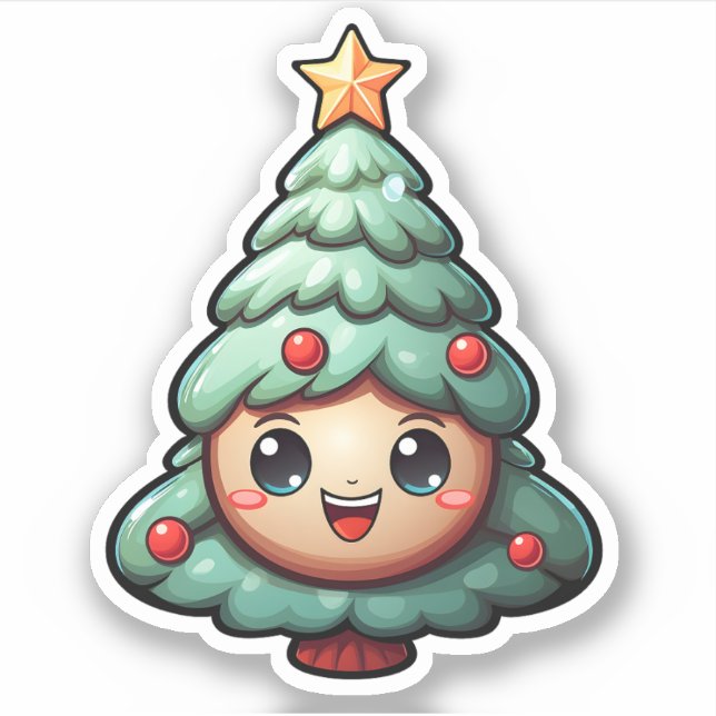Sticker Super mignon arbre de Noël vert souriant (Devant)
