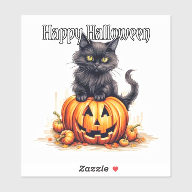 Sticker Super mignon Chat Kitty noir | Bonne Halloween (Feuille)